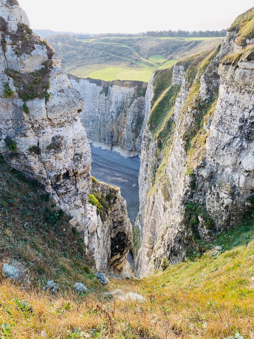 A cliff with a grassy area in the middle.
