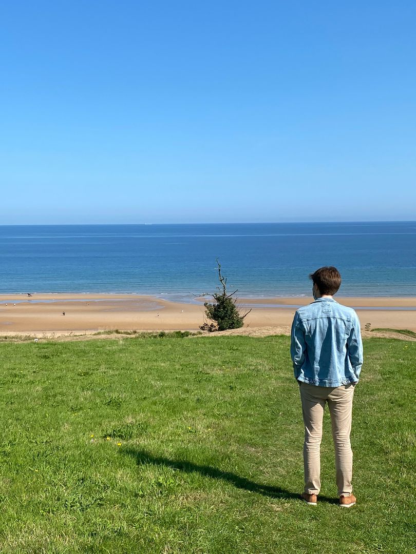 A man standing on a grassy field looking at the ocean.