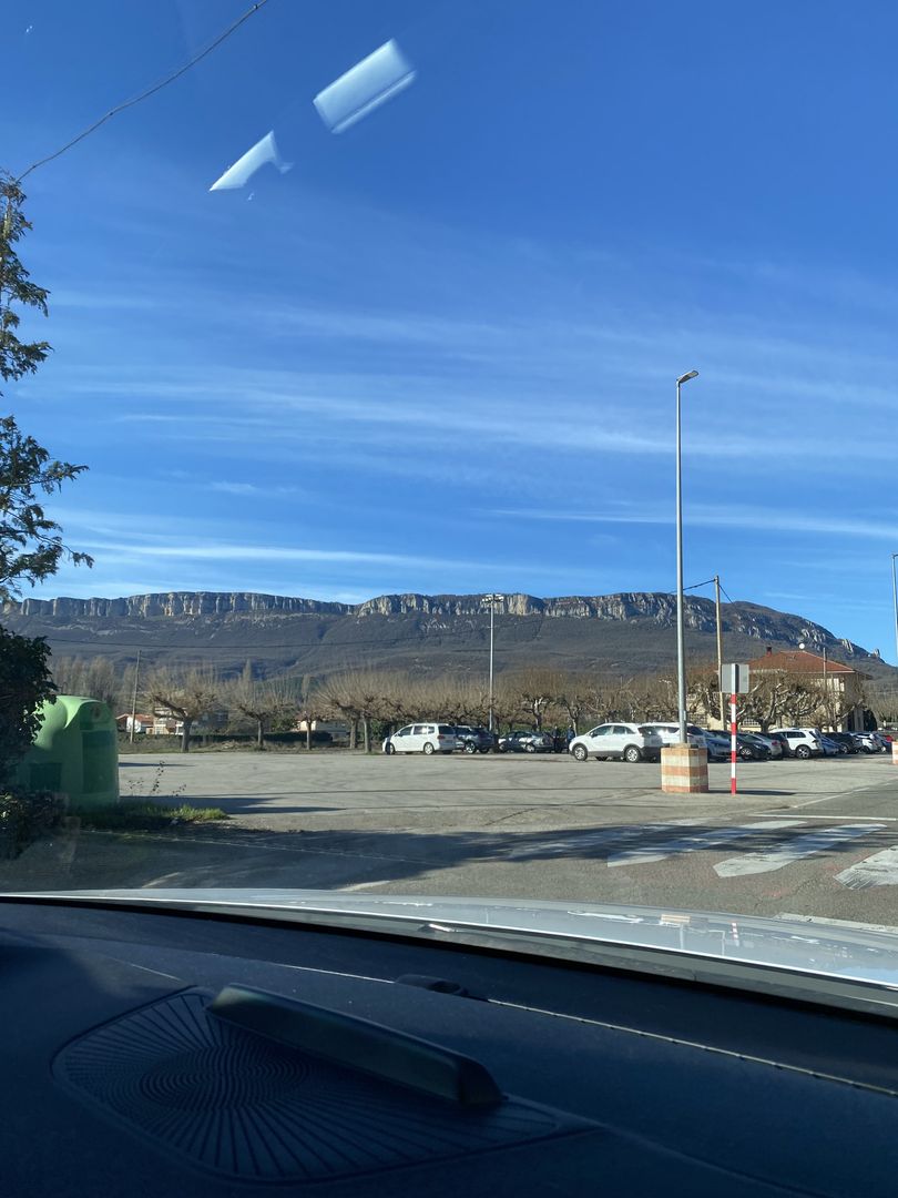A view of the mountains from a car window.