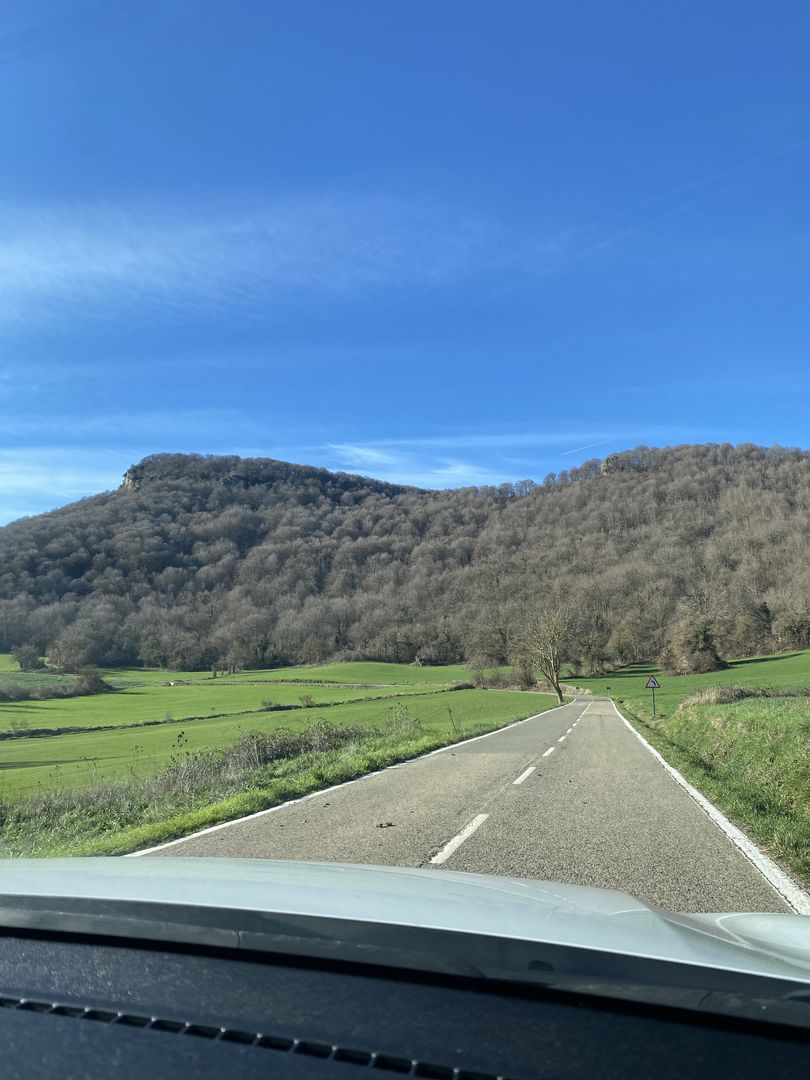 A car driving down a road with mountains in the background.