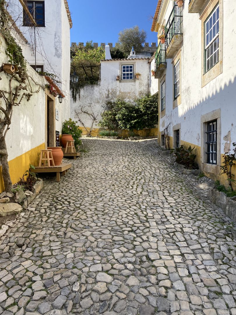 Cobblestone street in the old town of lisbon, portugal.