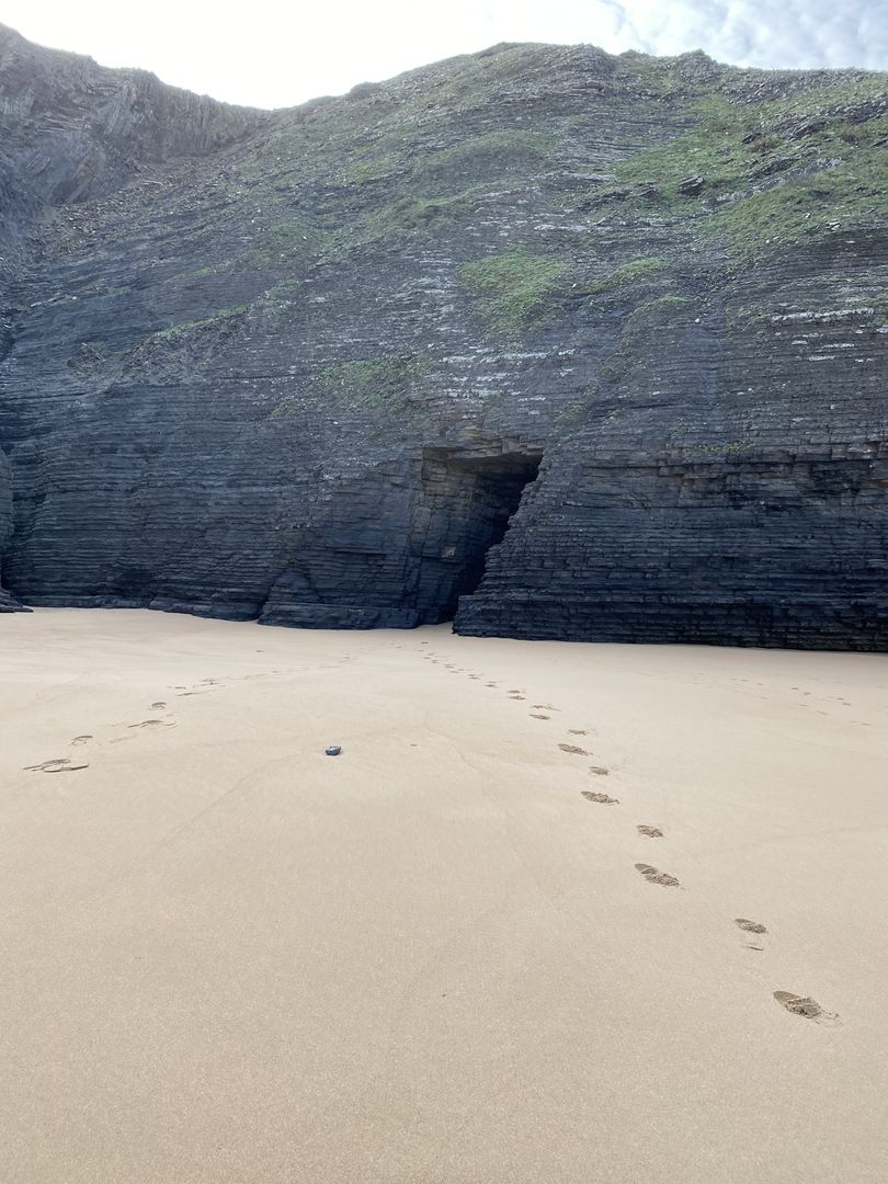 Footprints in the sand on a beach.
