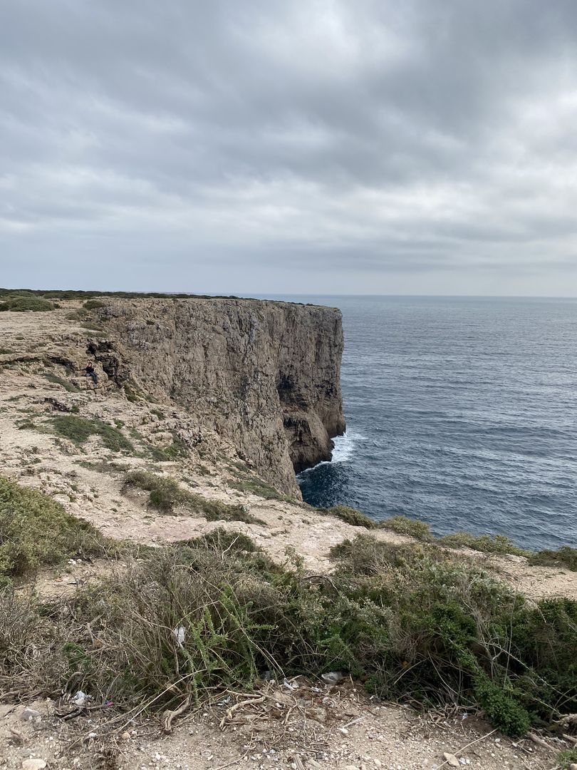 A cliff overlooking the ocean on a cloudy day.