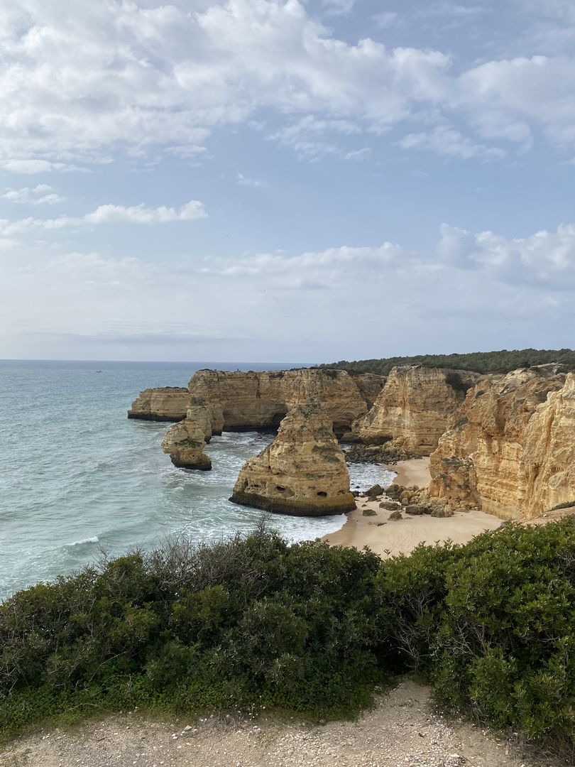 A view of a beach with cliffs in the background.