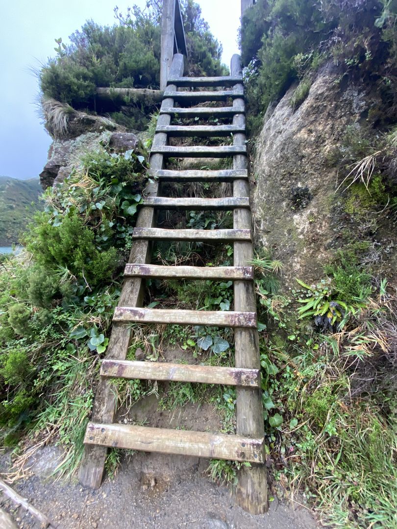 A wooden stair leading up to a rocky area.
