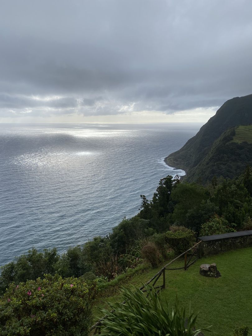 A view of the ocean from a grassy hillside.