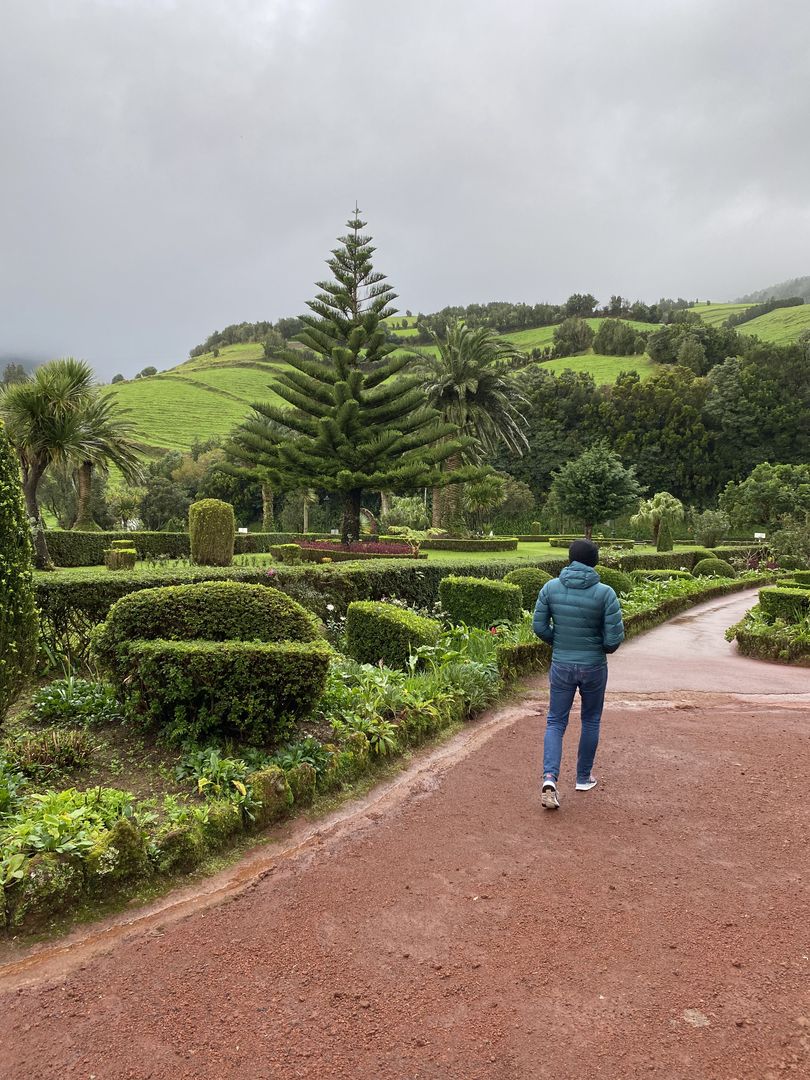 A man walking through a garden on a rainy day.