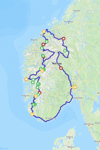 A map showing the route across Norway.