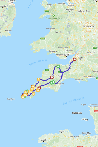 A map showing the route across Cornwall, UK.