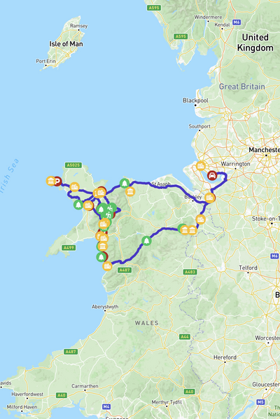 A map showing the route across north Wales.