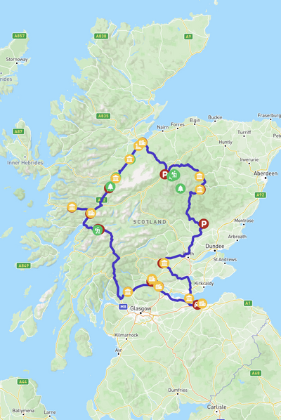 A map showing the route across Scotland.