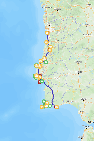 A map showing the route across Portugal.