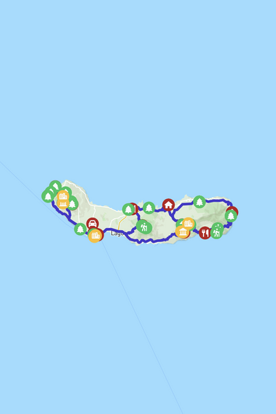 A map showing the route across Azores Islands in Portugal.