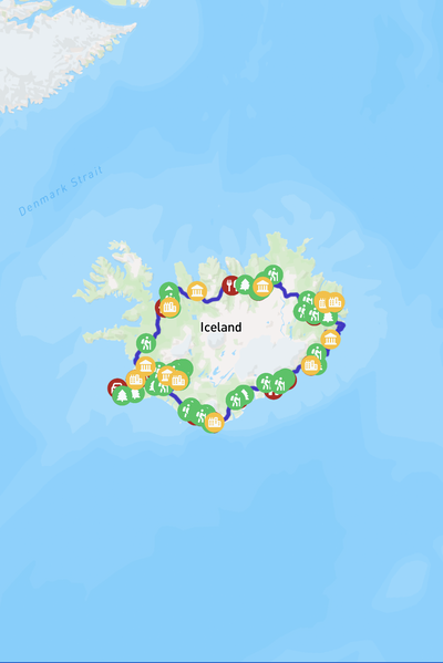 A map showing the route across Iceland.