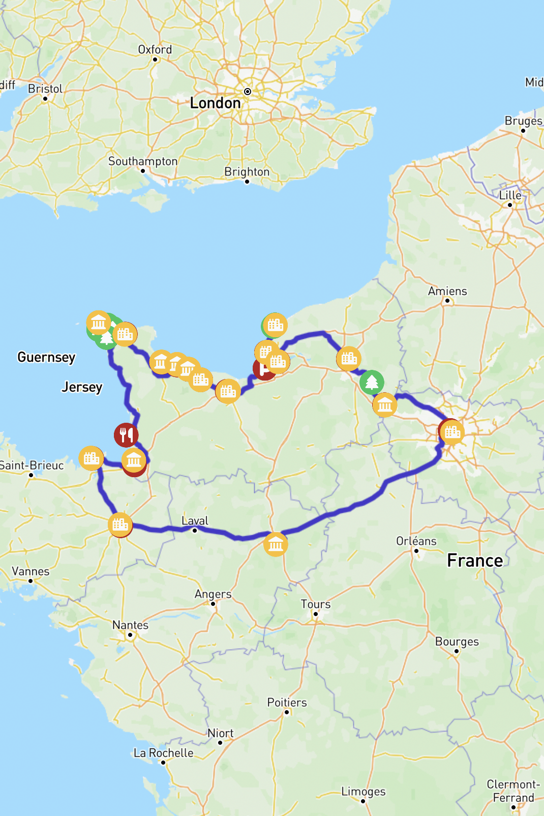 A map showing the route across Normandie in France.