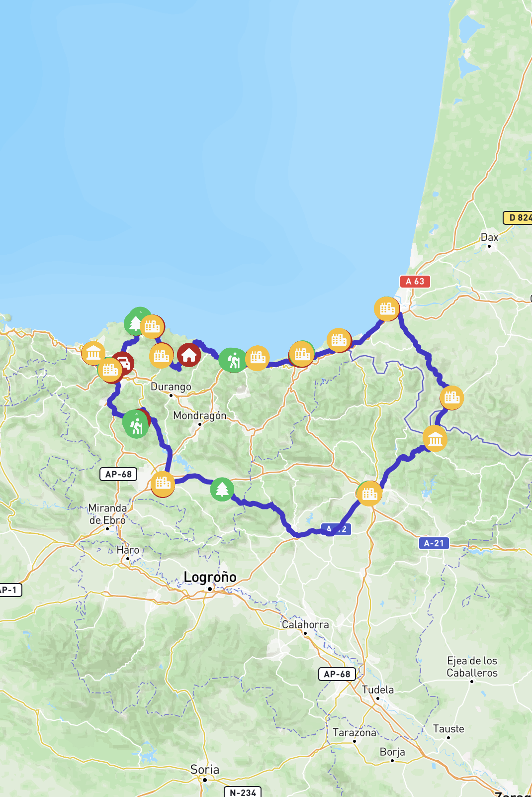 A map showing the route across Basque country in Spain.