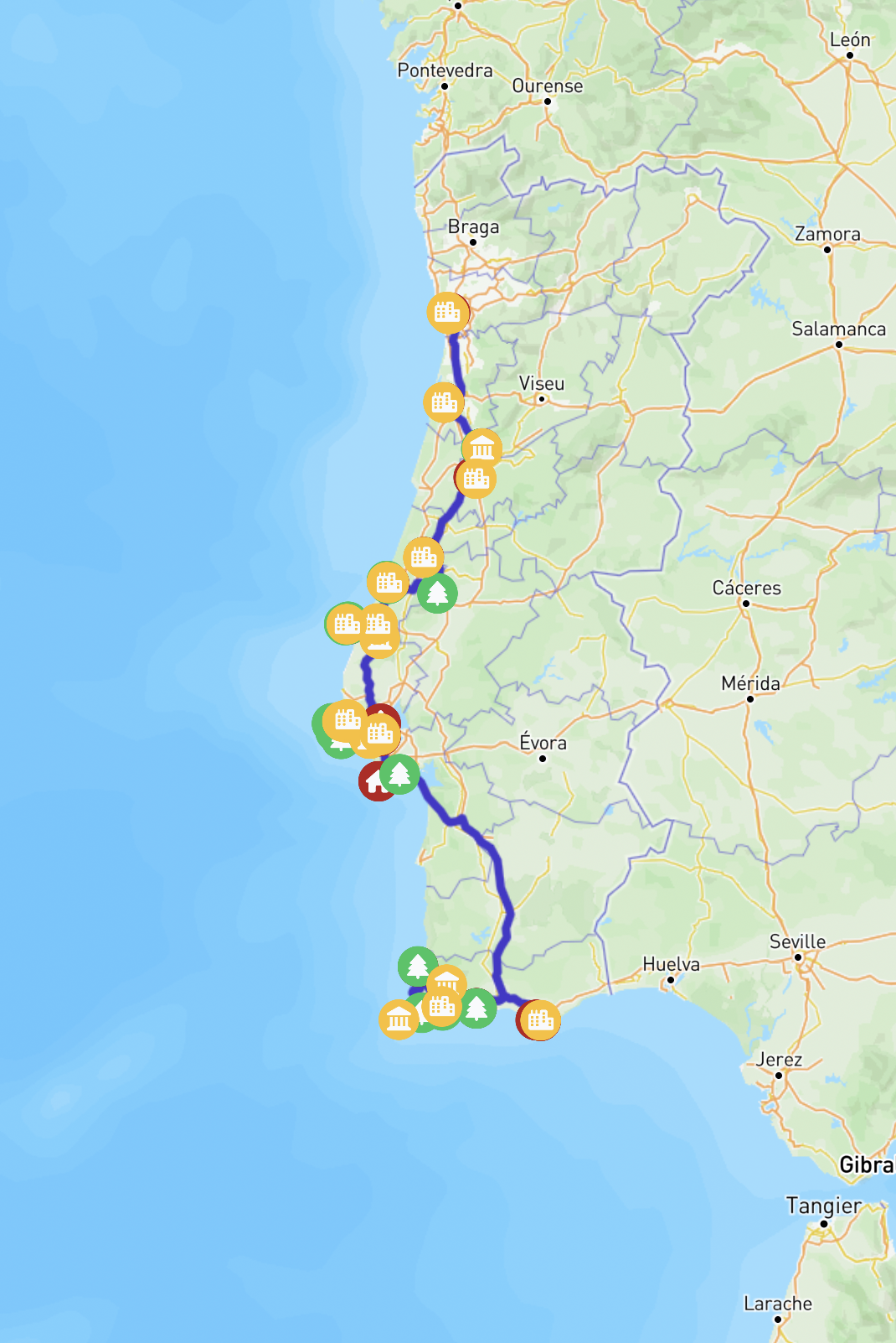 A map showing the route across Portugal.