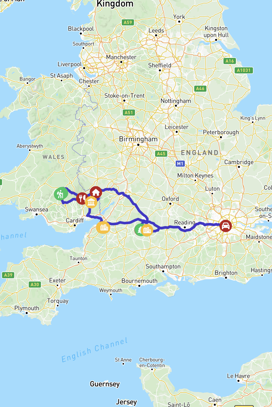 A map showing the route from London to Wales.