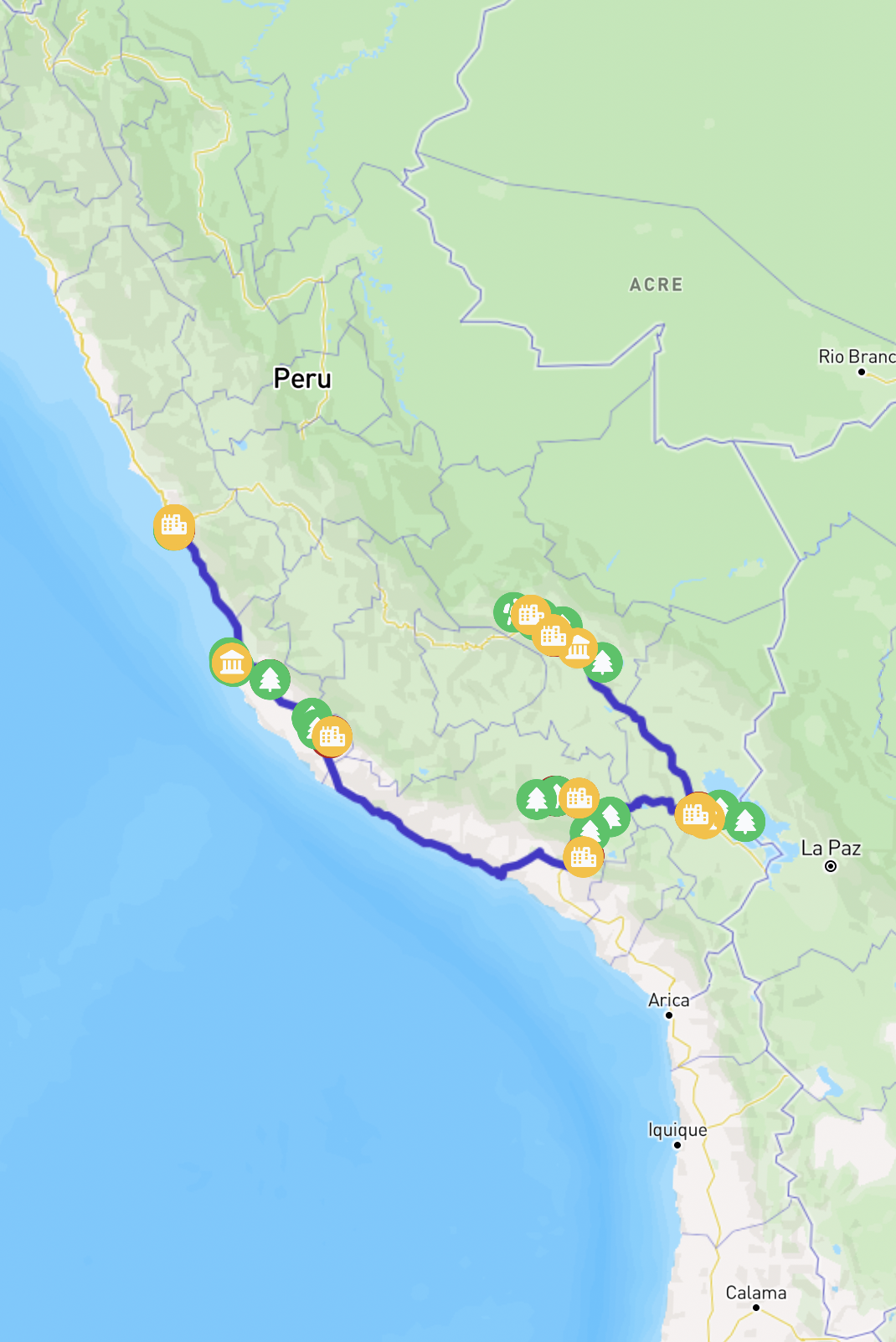 A map showing the route across Peru.