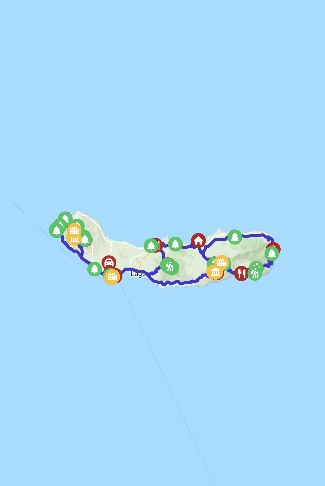 A map showing the route across Azores Islands in Portugal.