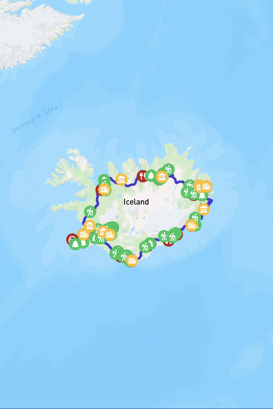 A map showing the route across Iceland.