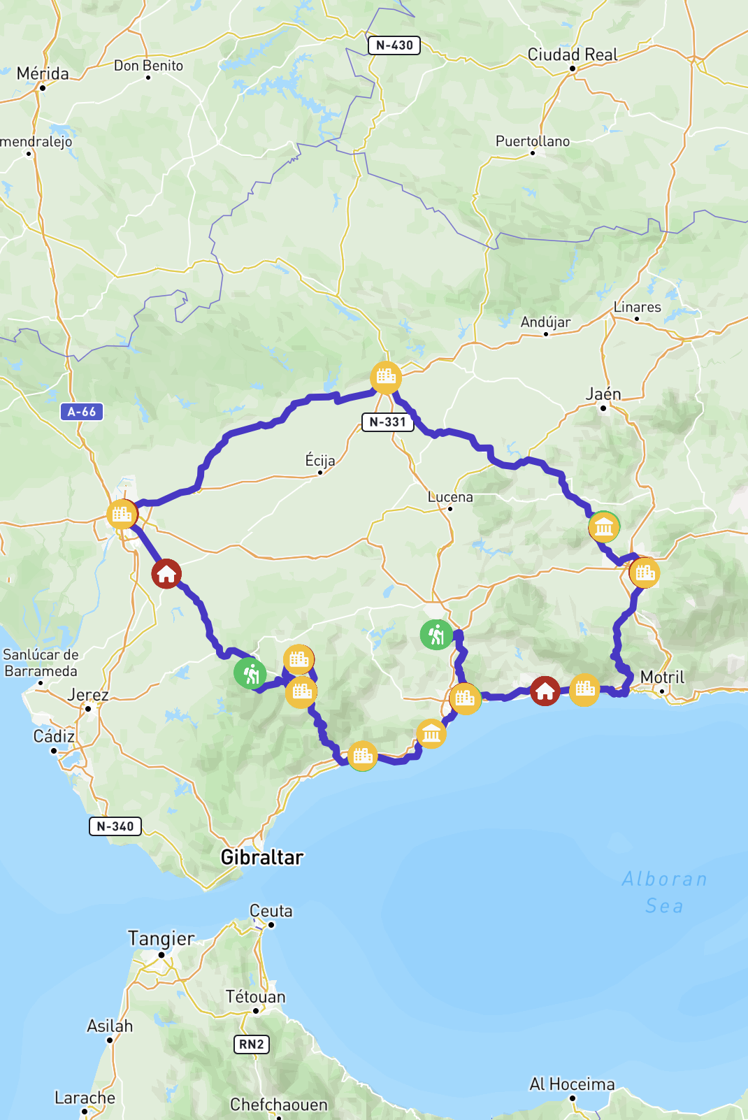 A map showing the route across Andalucia, Spain.