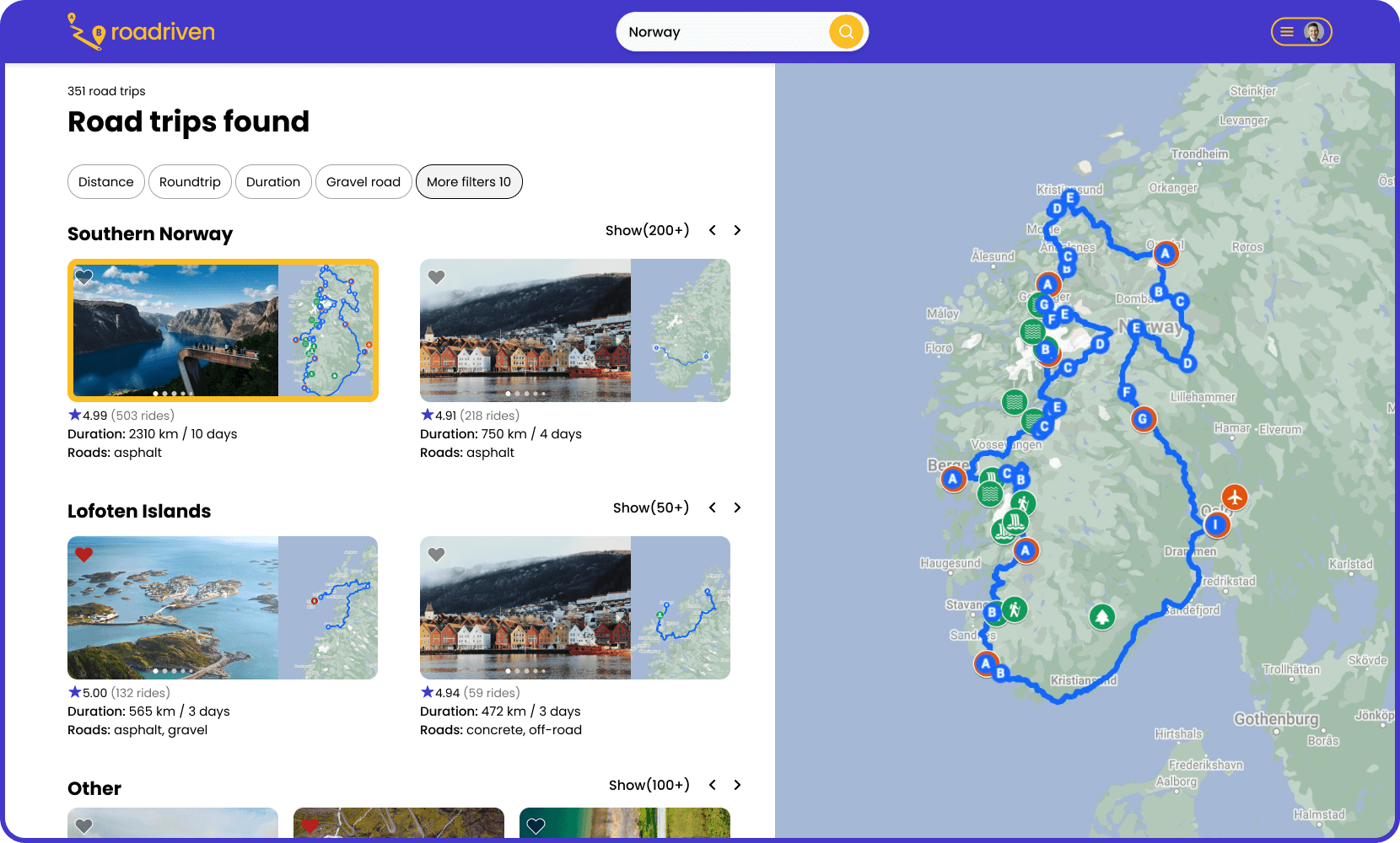 web page of road trips search with ratings, filters, and map